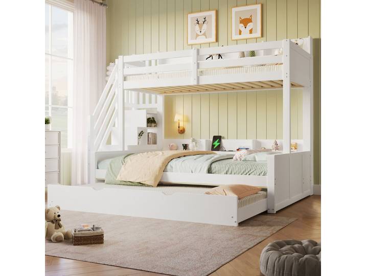 MODFU Hochbett Massivholz Etagenbett 90x200 140x200 cm mit Ausziehfunktion (Packung, 1-St., Schlafbett ohne Matratze für Kinder und Jugendbereich) Stockbett mit USB Anschluss und praktischem Stauraum Design
