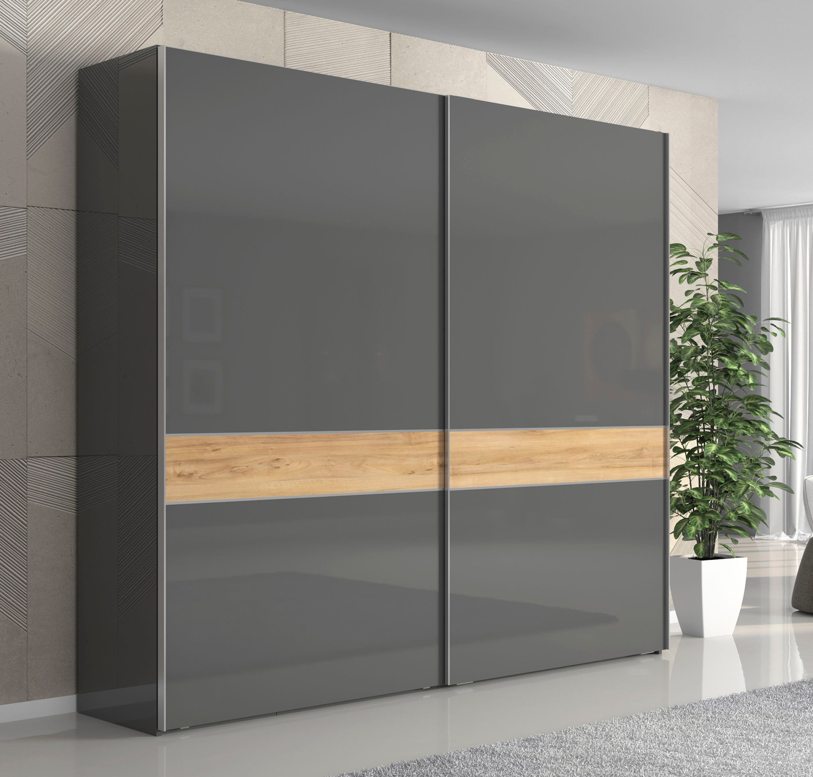 Kleiderschrank OTTO HOME "Onyx, Schwebetürenschrank inklusive Innenleben, FSC-zertifiziert", grau (anthrazit, walnussfarben), B:230cm H:224cm T:61cm, Holzwerkstoff, Schränke, Kleiderschrank, UV lackiert, hochglänzend anthrazit, mit Soft-Close Funktion