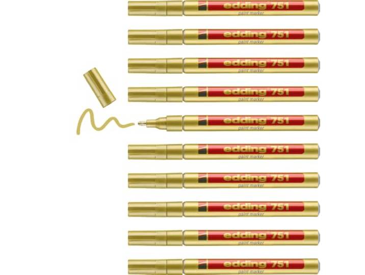 edding 751 lakmarker - goud - 10 verfstiften - ronde punt 1-2 mm - verfpen voor glas, stenen, hout, plastic, papier - waterproof, hoge dekking