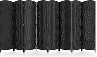 Costway 8-Panel Folding Room Divider with Hand-Woven Texture and Solid Wood Frame-Black