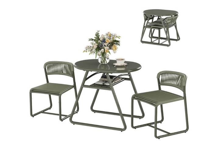 JoyGarden Ensemble bistrot de jardin 3 pièces – Table ronde 80 cm et 2 chaises en fer et corde PE respirante – Gris vert