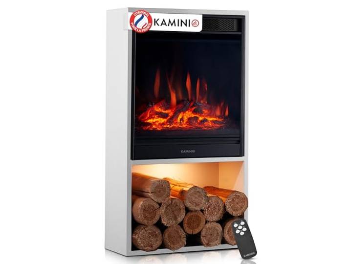 KAMINIO® Hugo Cheminée électrique avec Chauffage Blanche [poêle décoratif] Cheminée décorative sur pied avec effet de flamme\, feu 3D\, compartiment éclairé par LED\, thermostat\, minuterie\, télécommande