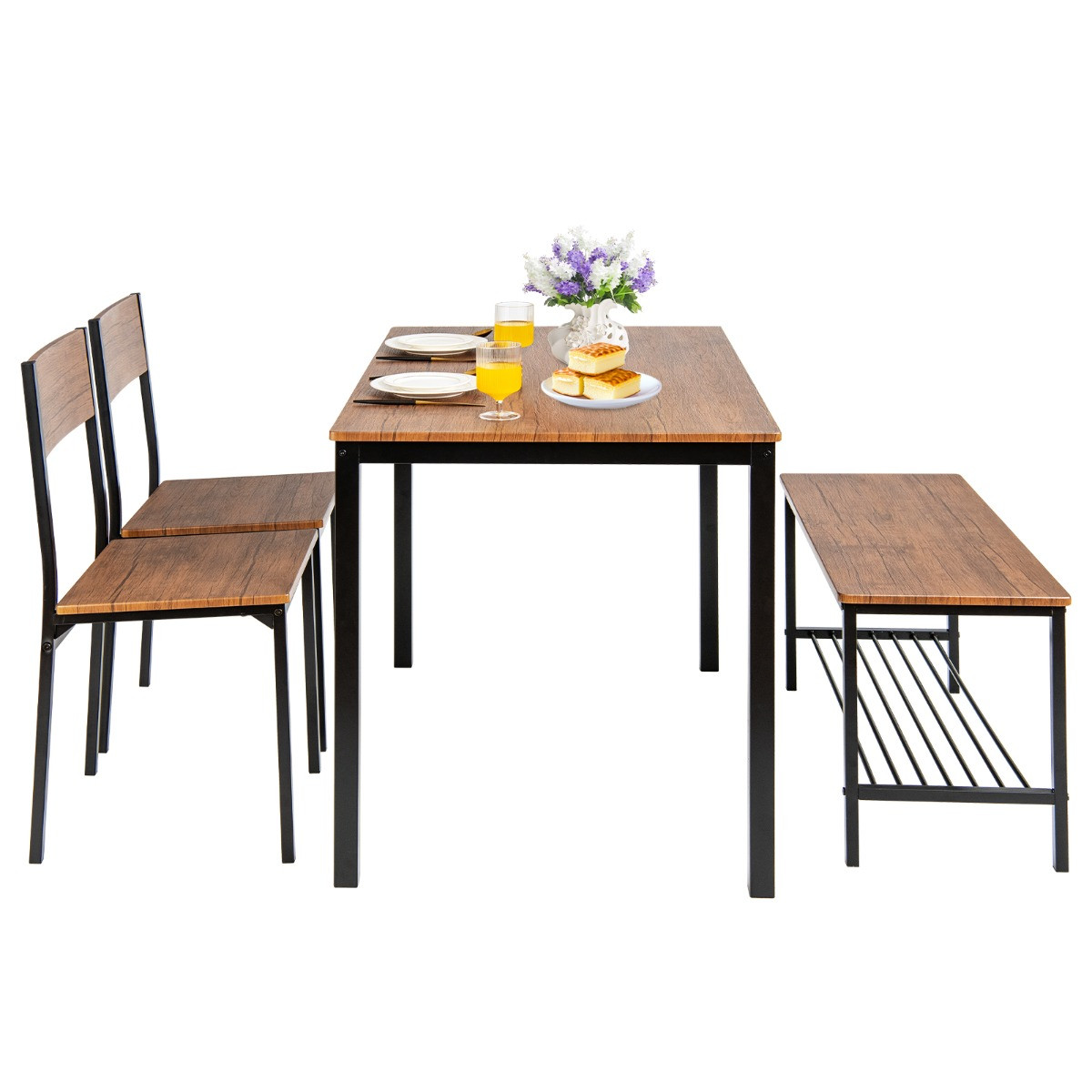 Costway 4-delige industriële keukentafelset met 2 stoelen, 1 bank en opbergrek, bruin