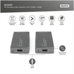 Digitus 4K Wireless HDMI Extender Set (30 m, HDMI 2.0), Wireless Transmitter, Silber, Schwarz