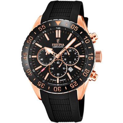Chronograph FESTINA "Keramik Kollektion", rosa (schwarz, roségoldfarben, schwarz), Armbanduhren, Herren, roségoldfarben, Chronograph, Armbanduhr, Quarz, Herren, Keramiklünette, Saphirglas, Stoppfunktion