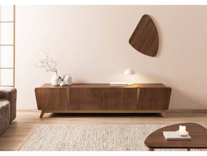 Meuble TV en placage bois de noyer véritable 240x40x55 marron laqué BUTTERFLY #112