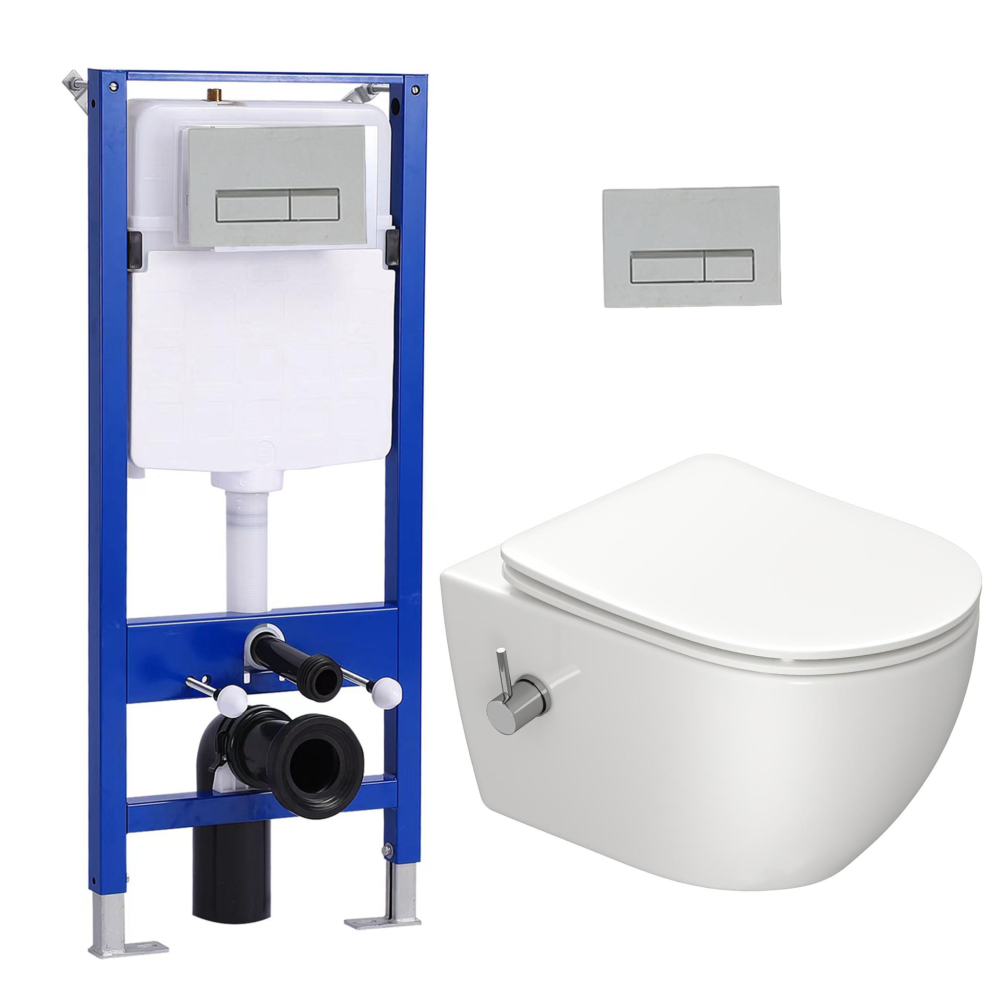 Pack WC Vorwandelement Set + Hänge Dusch Toilette Taharet WC + 114 cm Unterputzspülkasten mit Rechteckig Chrome Drückplatte HOROW