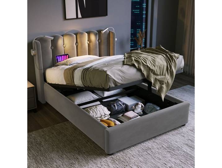 Lit 1 place - KOMHTOM - Simple 90x200 - Velours - Rangement hydraulique - Matelas 406 ressorts