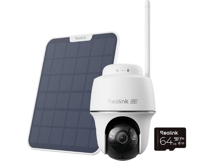 Reolink 4K Batterij WiFi Beveiligingscamera - Kleurnachtzicht - Automatische tracking - Afneembaar zonnepaneel - Dual-band WiFi 6 - Tweerichtingsaudio - Argus Serie B440 met Zonnepaneel 2 + 64GB SD-kaart
