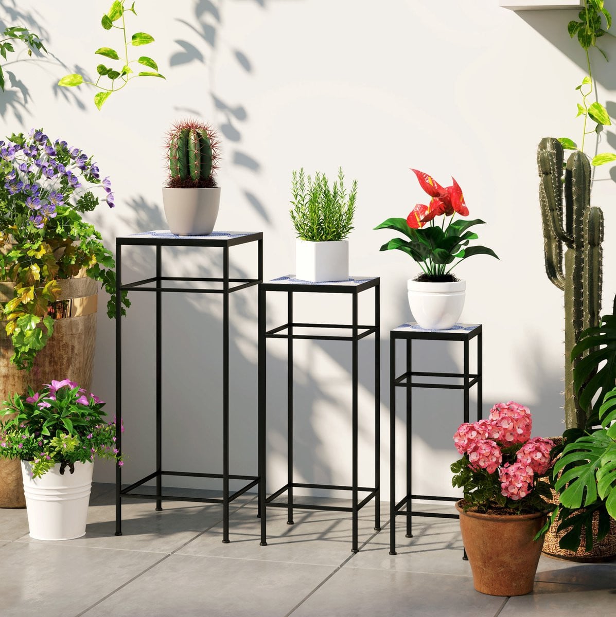 MEUNIQ 3-delige plantenstandaard set blauw-wit mozaïek, metaal, 71 cm