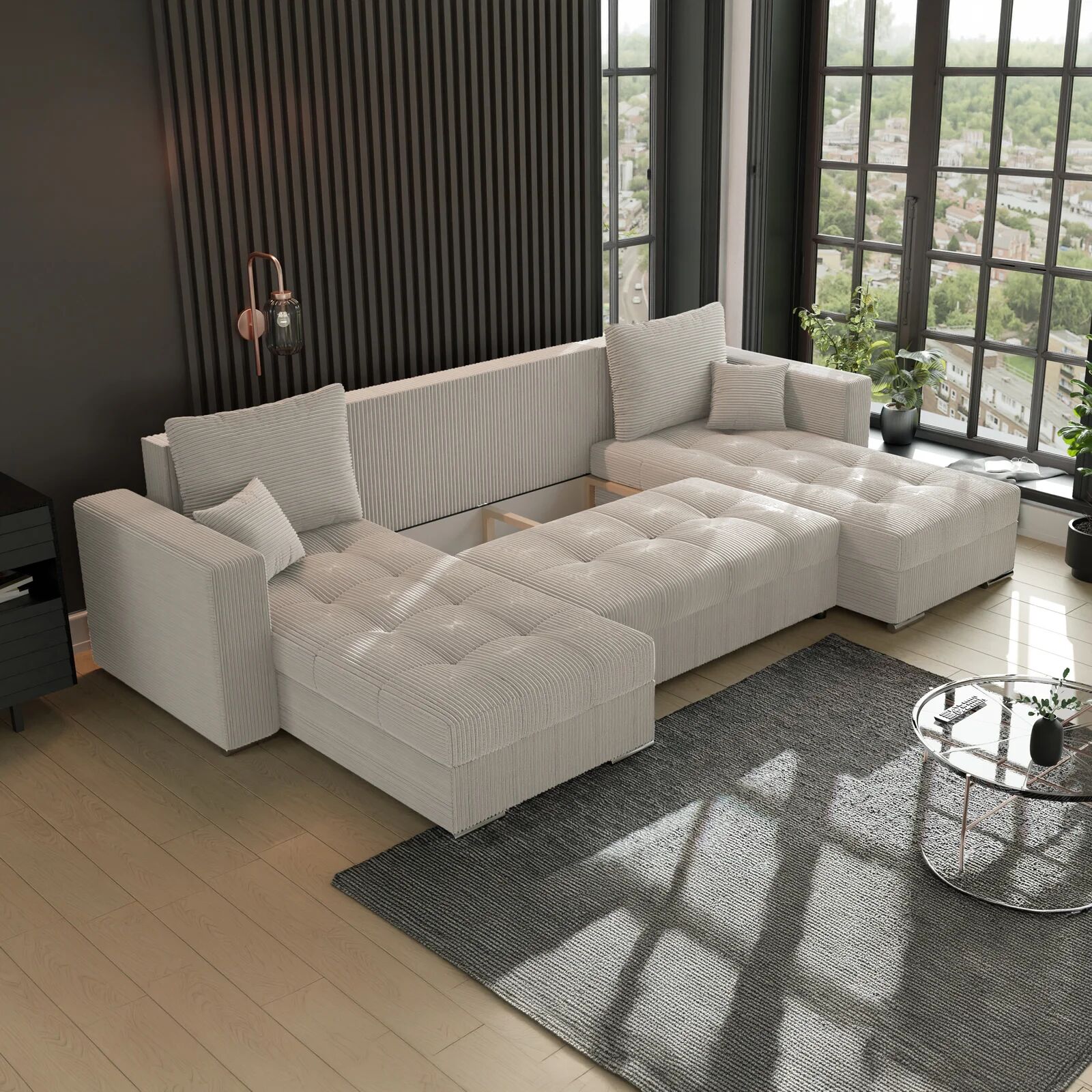 garneroarredamenti Divano letto panoramico 320x160cm velluto a coste beige Ermione