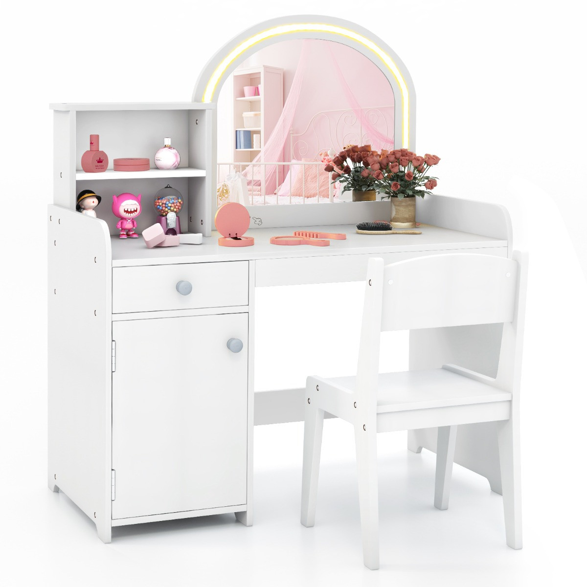 Costway 2-in-1 kindermake-uptafelset met krukje, LED-spiegel en lade, wit