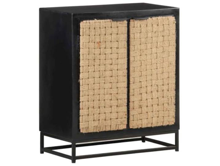 Kaorsrow Sideboard 60x35x70 cm Massivholz Mango Kommode Industrial Stilvoller Beistellschrank fürs Wohnzimmer aus Mango-Massivholz mit Jute-Türen und robustem Eisengestell.