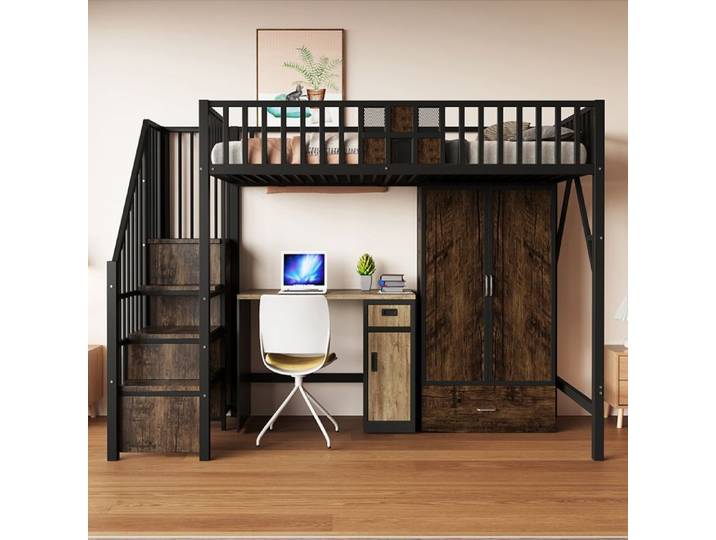 Lit Mezzanine en métal 90x200 cm avec Armoire Tiroir échelle de rangement Grillage métallique Noir pour adolescent adulte