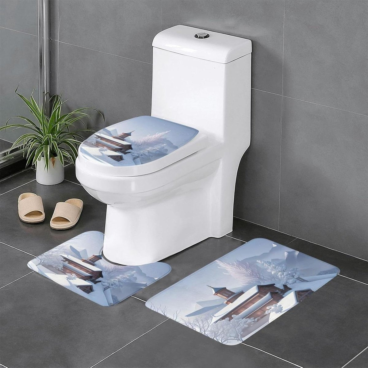 3-delige badkamertapijt set met winterlandschap design in wit