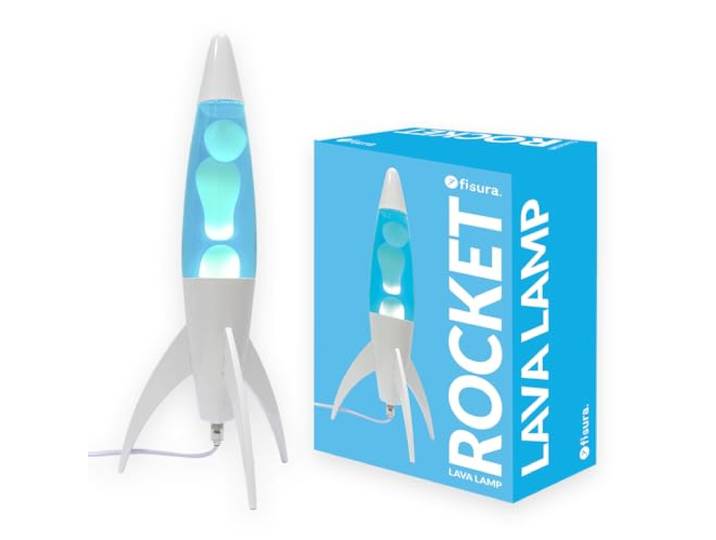 Fisura - Blauwe lavalampe “rocket”. Witte basis, blauwe vloeistof en witte lava. Retro lavalampe met vervangbare lamp. Maatregelen: 20 cm x 20 cm x 45 cm