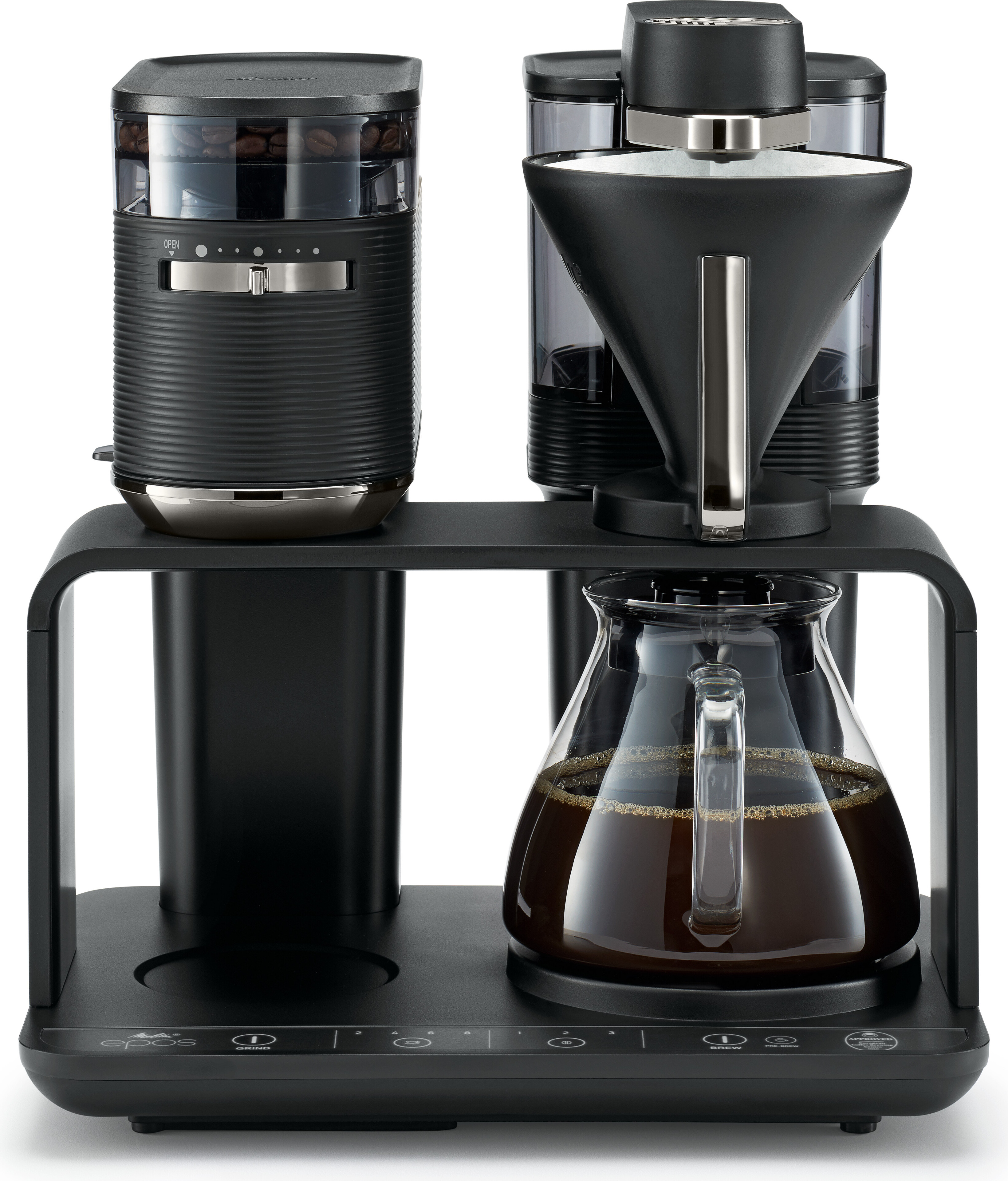 Melitta EPOS 1024-01, Filterkaffeemaschine, Kaffeebohnen, Eingebautes Mahlwerk, 1515 W, Schwarz, Silber