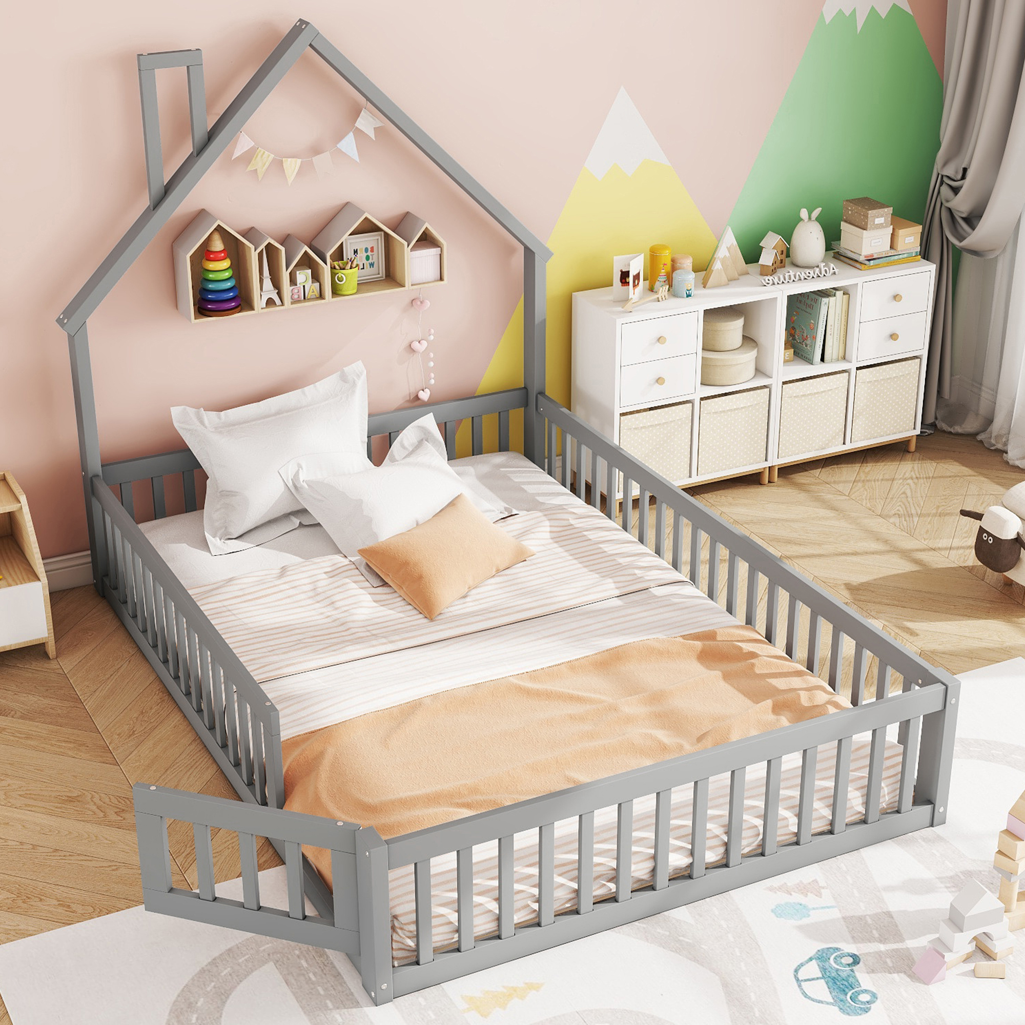 STILVORA Kinderbett 140×200 Doppelbett Jugendbett aus Massivholz mit Rausfallschutz und Lattenrost grau (mit Matratze)