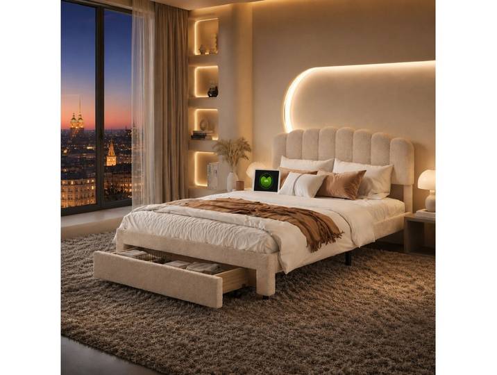 Simurq Polsterbett 160x200cm Beige Bouclé Teddyfell USB Schubladen (USB-Ladeanschluss), Bouclé‑Teddyfell,USB,Schubladen,Beige,Lattenrost