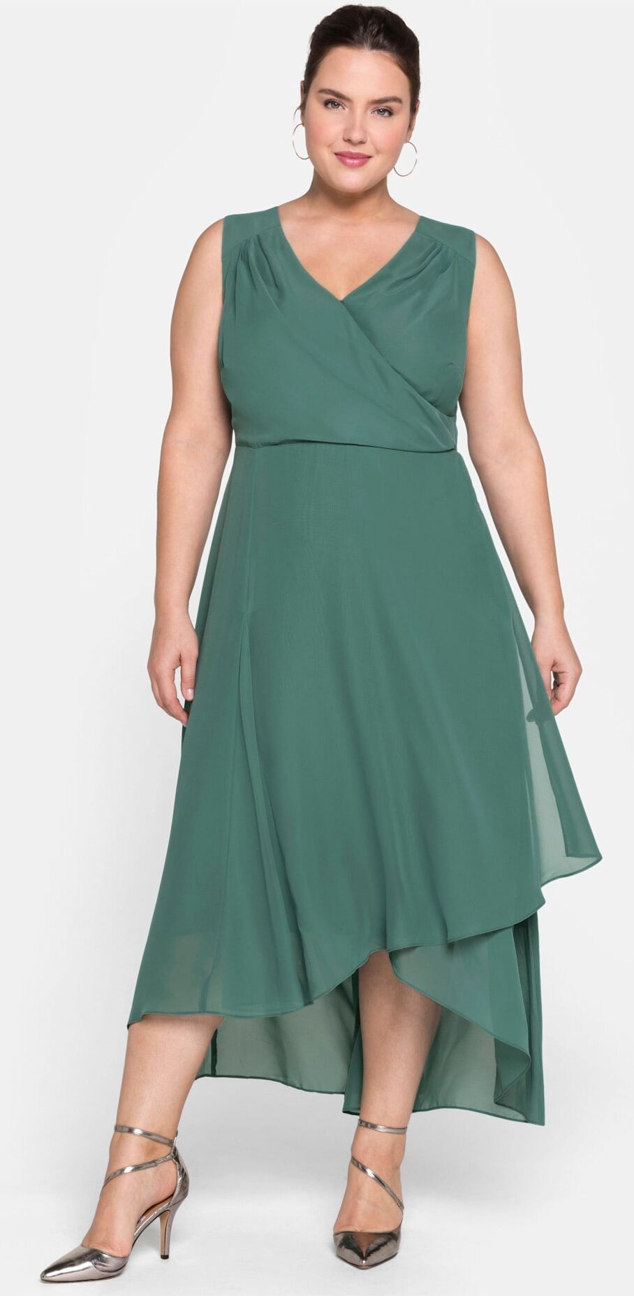 Abendkleid SHEEGO "Abendkleid", Damen, Gr. 56, Normalgrössen, ohne Ärmel, Chiffon, grün (opalgrün), Chiffon, 100% Polyester, unifarben, lang, V-Ausschnitt, Kleider Abendkleid opalgrün 56, Normalgrössen, ohne Ärmel, Chiffon