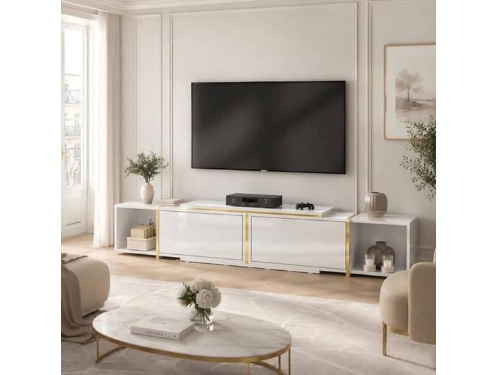 Meuble TV Extensible Ulsam Meuble TV Bas Moderne Façades Haute Brillance Niches Ouvertes Rangement Salon