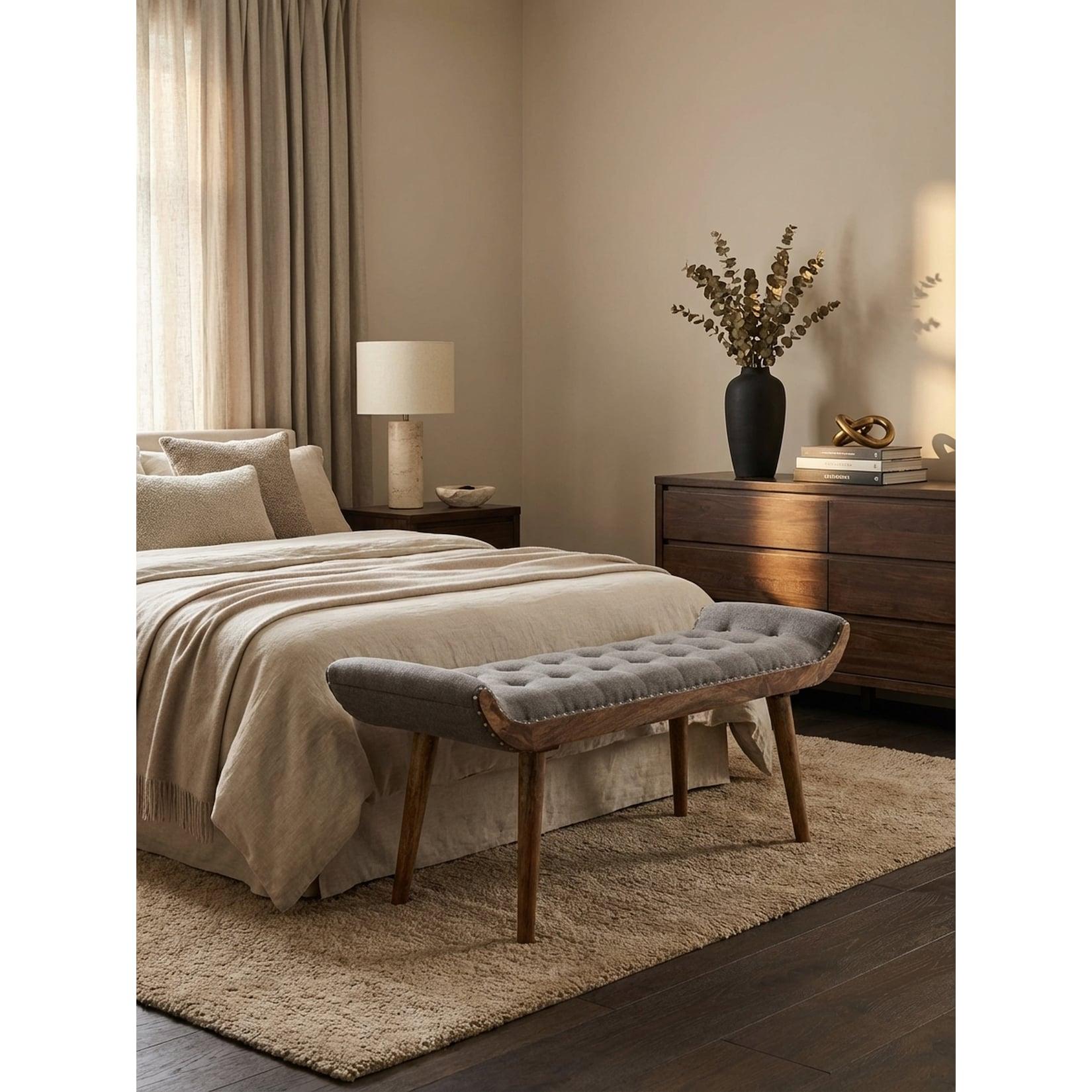Sitzbank – Stoff/Massivholz, 125x51x38 cm, Grau, Chesterfield-Design