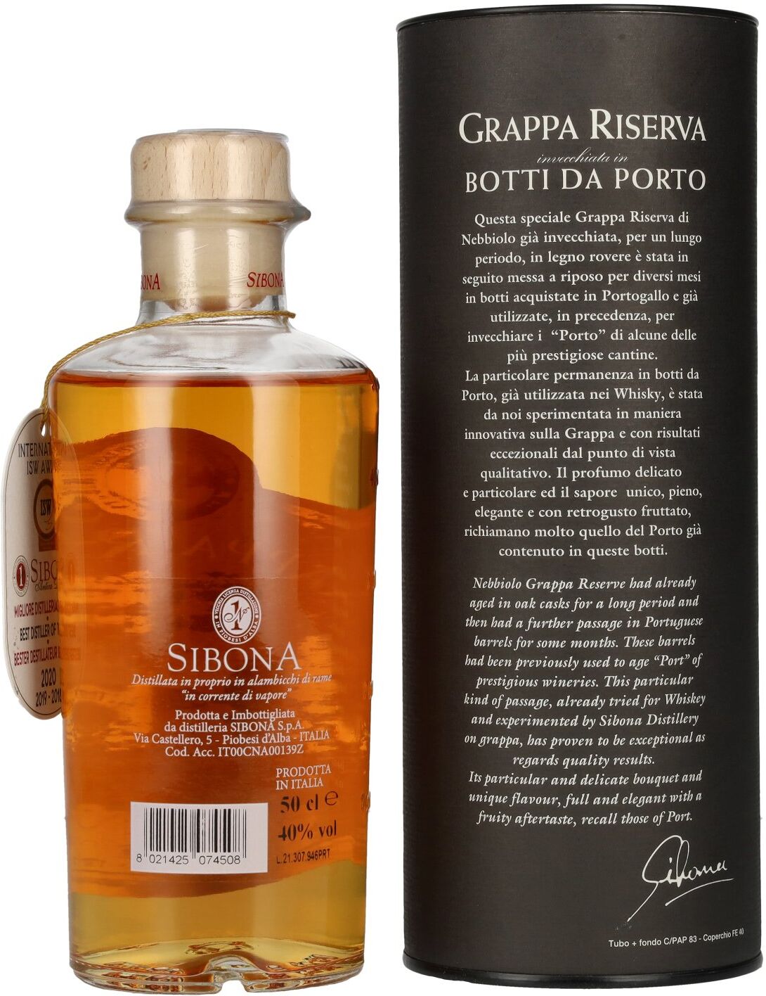 Sibona GRAPPA RISERVA Botti da PORTO 40% Vol. 0,5l in Geschenkbox