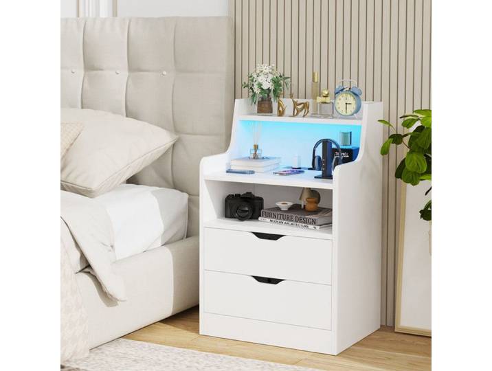 Table de chevet avec prise et ports USB - PIPIPOXER - Blanc - 2 tiroirs - Chevet avec LED