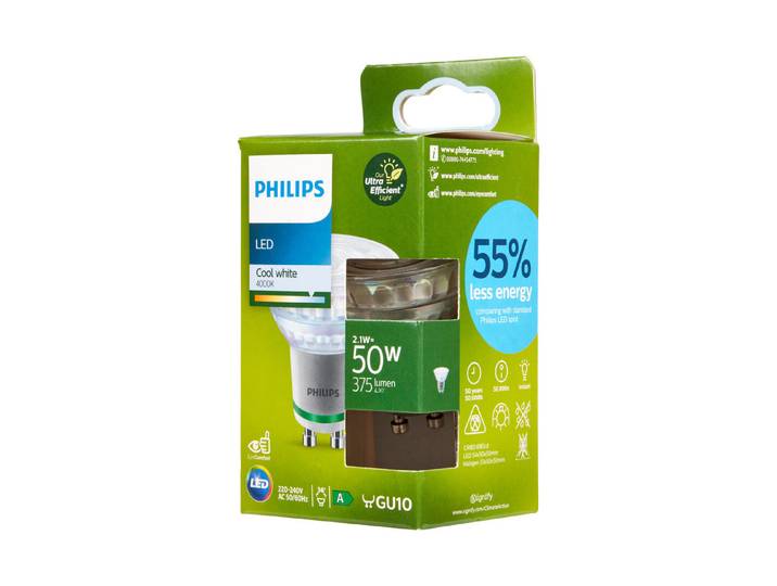 Philips Classic ultraeffiziente LED-Lampe mit Energieeffizienzklasse A, ersetzt 50W, GU10-Sockel, kaltweiß (4000K)