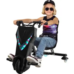 Elektro-Drift-Trike für Kinder, Drift-Scooter 2.0, bis zu 15km/h, drosselbar, Hupe, LED-Driftrollen (Schwarz)