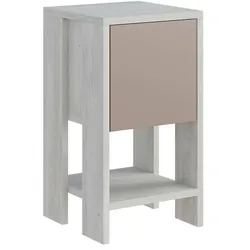 Dmora Nachttisch Dkarsdor, Niedrige Kommode, Tisch, Multifunktionaler Nachttisch, 30x30h55 cm, Weiß und Taupe