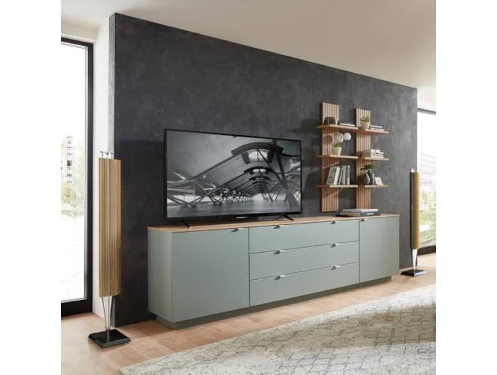 Lomadox TV Sideboard Set mit Wandregalen Fernsehschrank grün mit Eiche, Breite 240 cm, Wohnwand, Fernsehwand