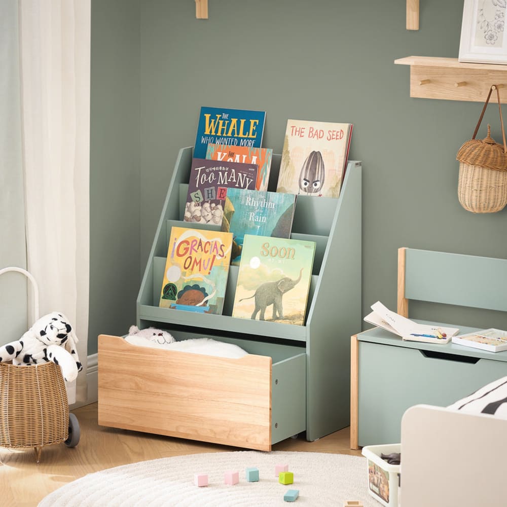 SoBuy Bibliothèque pour enfants avec 4 étagères et 1 tiroir à roulettes Vert 62x80x30cm