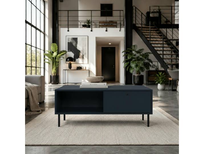 Table basse moderne bleu sombre 2 tiroirs 2 niches RAVEN