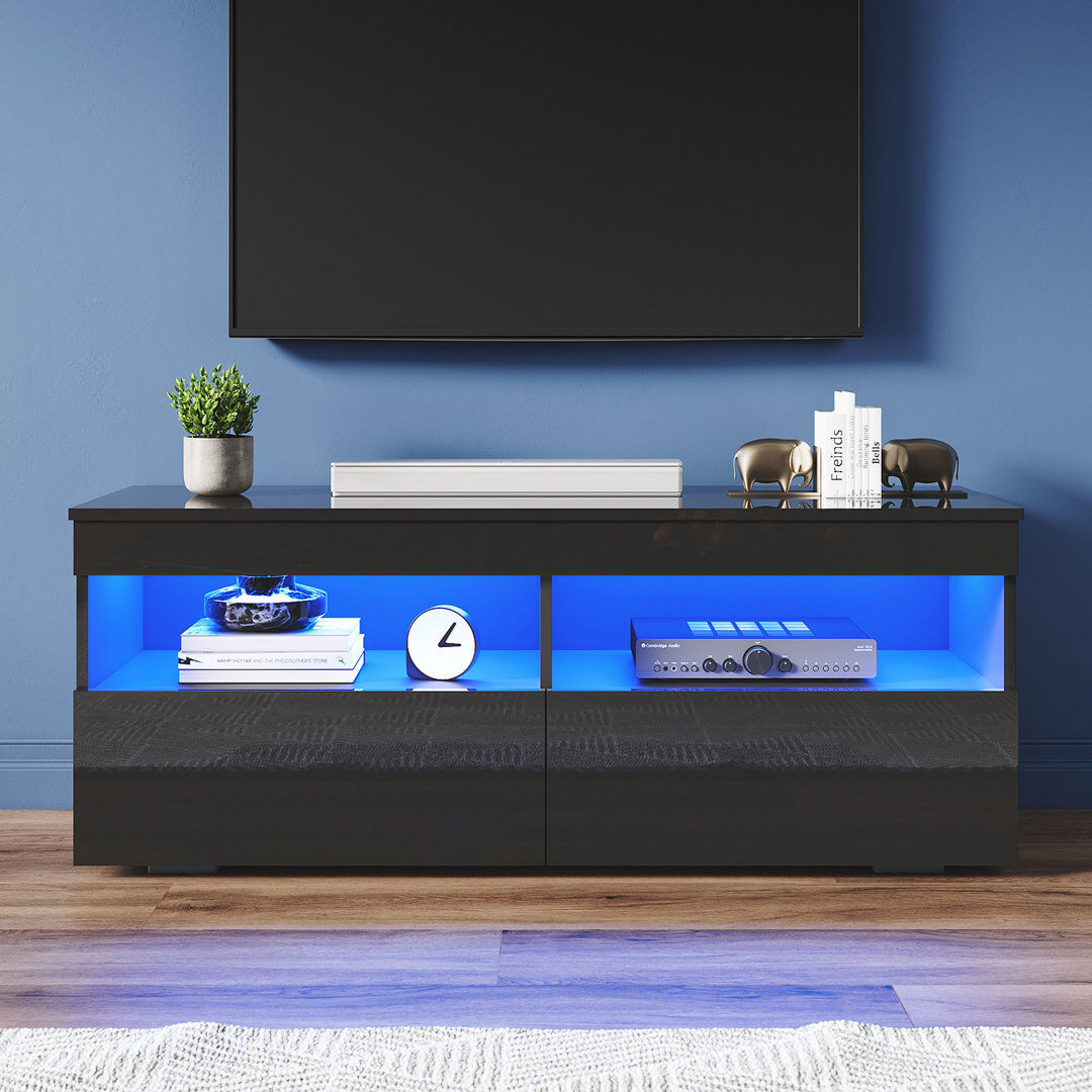 17 Stories High Gloss White 120cm TV Stand RGB LED Lights Soft Close Doors Easy Build Media Console for 50" TV Black 50"