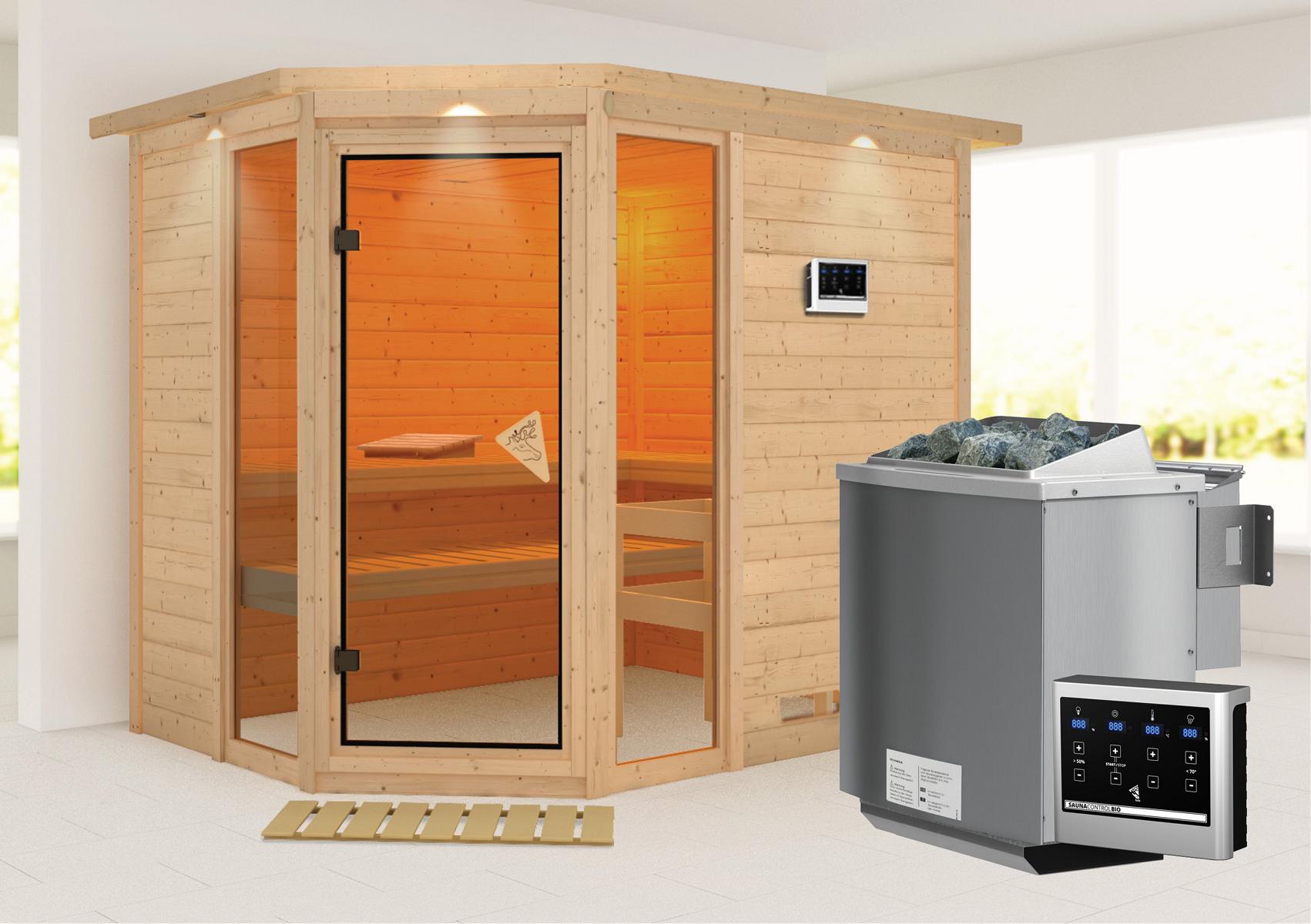 KARIBUHOLZT Sauna Sinai 3 Eck 9kW Bio ext. Stg bronz.GGT u. DK 08288619