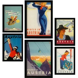 POSTER Set Mit 6 Österreich Vintage Tourismus Werbetafeln A3 & A4 Rahmenlos