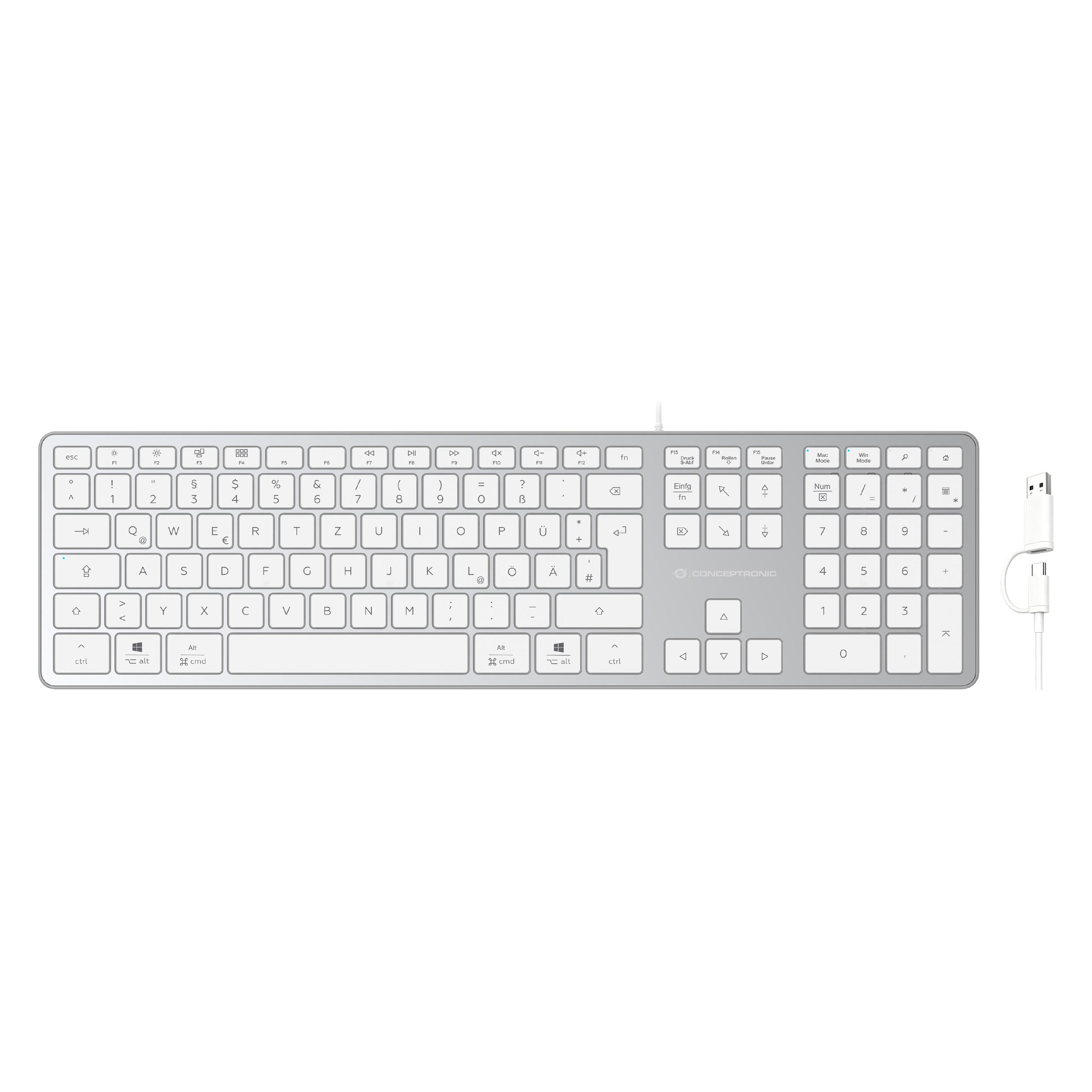 Conceptronic USB Tastatur slim USB-A/USB-C Layout DE ws (DE, Kabelgebunden) (KAYNE02WDE)