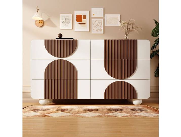 ROVRYN Commode 6 tiroirs 121 x 41 x 71 cm en MDF et bois massif blanc et marron chocolat