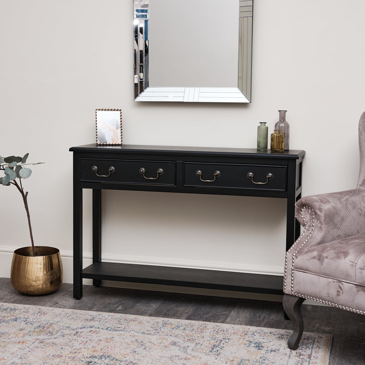 Large Black 2 Drawer Console Table Wood, Metal