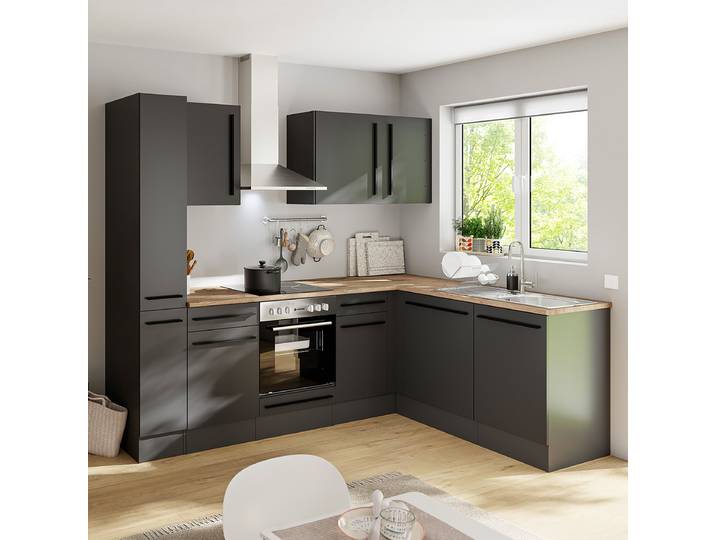 Cuisine équipée d’angle 250cm Noir/Noir mat Sans électroménager