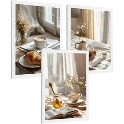 POSTER 3er Set Kaffee und Frühstück Wandbilder Croissant Honig und Tee Gemütlich Nordisch Küche Deko Weißer Rahmen A4