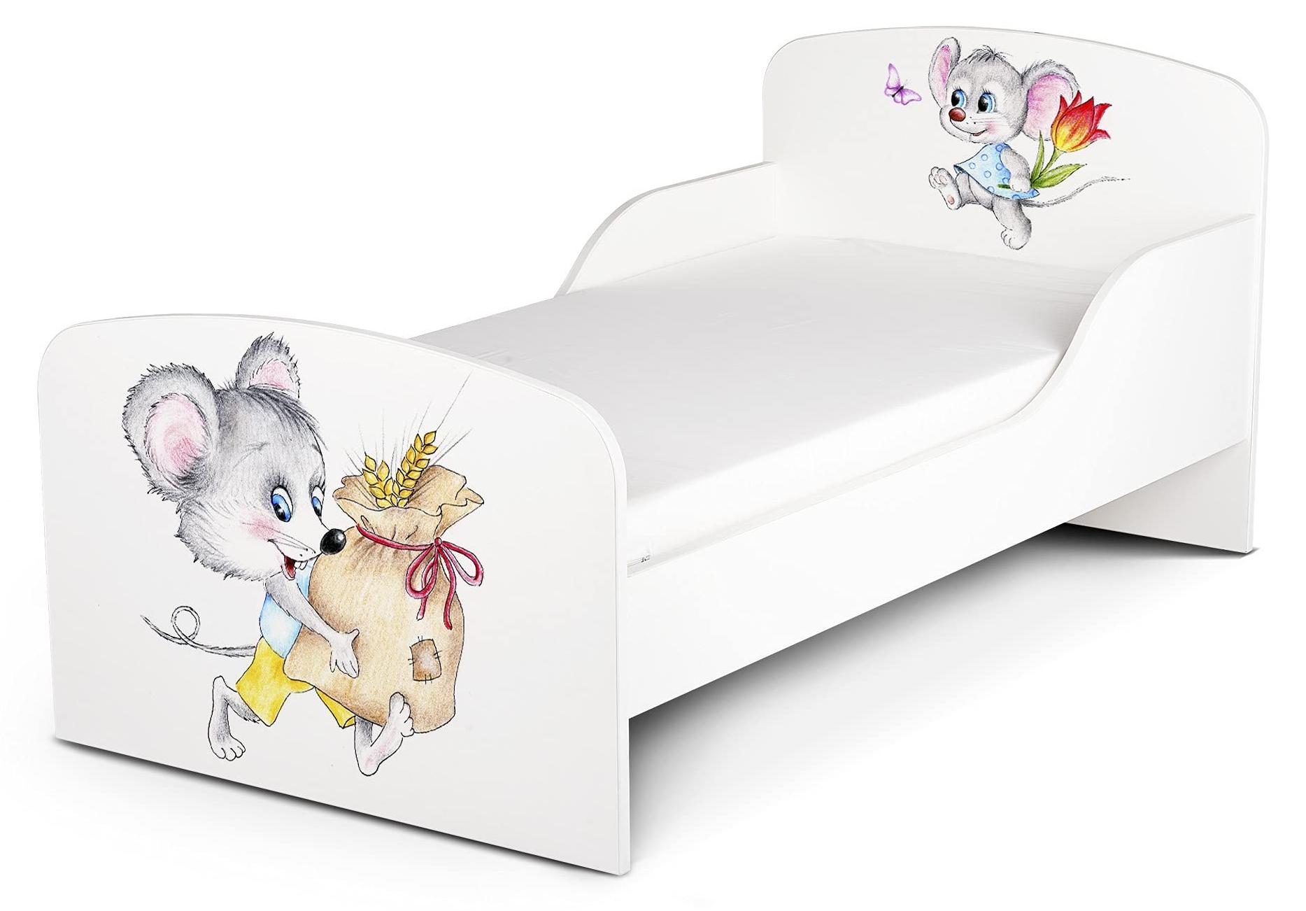 Modern Weißes Kinderbett mit Matratze 140x70 cm - UV-Druck (Fröhliche Mäuse) Komplett