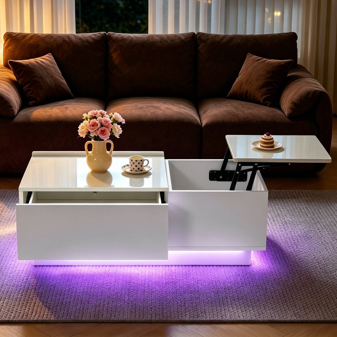 Metro High Gloss White LED Lift Top Coffee Table with Hidden Storage Compartment & Side Drawer White 35cm H X 100cm W X 50cm D