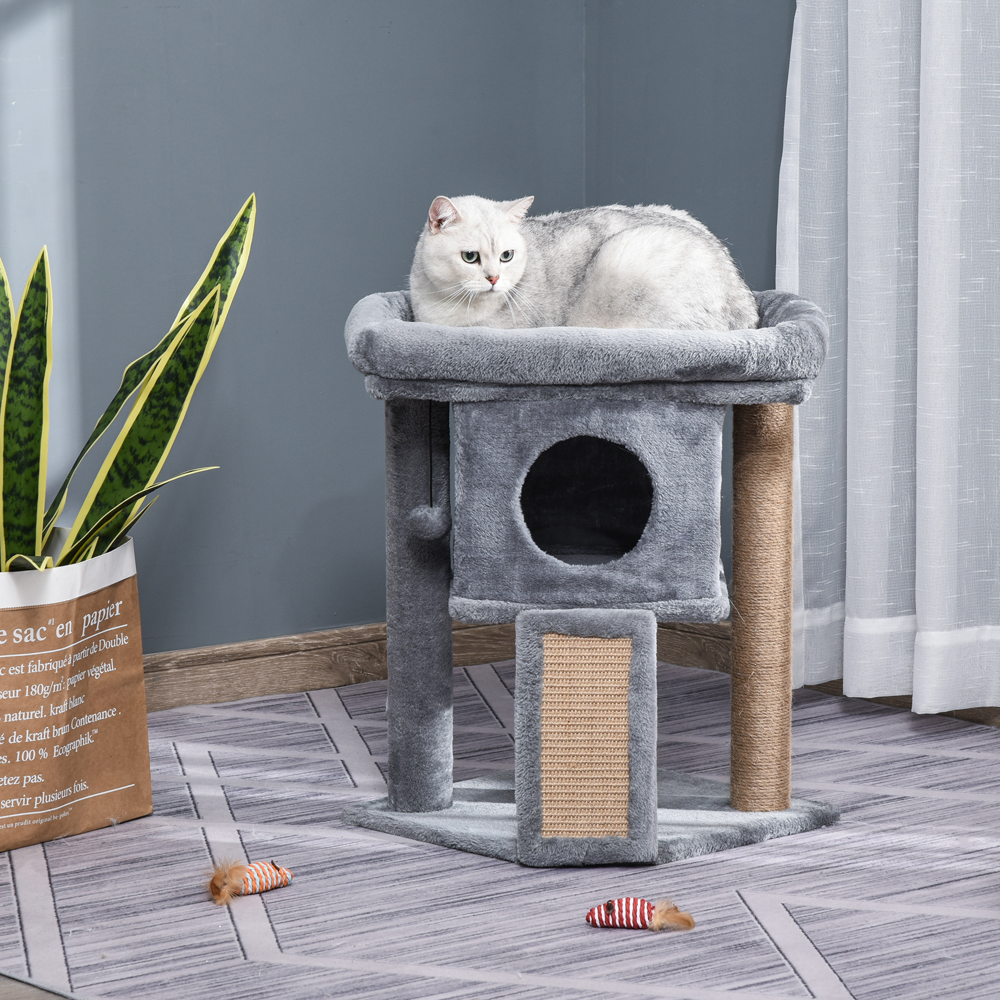 Pawhut Albero per Gatti con Casetta per Gatti e Lettino in Peluche, Tiragraffi in Juta e Pallina, Grigio   Aosom Italy