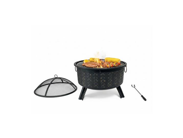 Relaxdays Feuerschale Schwarz Stahl Grillrost, Metall, 66x62x66 cm, Gartenmöbel, Balkonmöbel