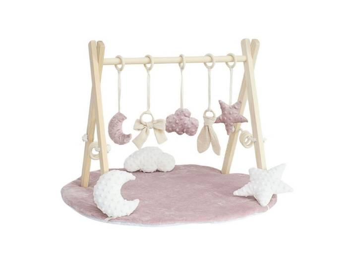 LuMali Baby Gym Holz Spielbogen klappbar 8 Spielzeuge Matte 41x58x49cm Naturholz, (5 Anhänger Spielmatte 78cm Baumwollschnüre Montageset), Spieltrapez Neugeborene sensorisch Spielmatte 78cm wendbar ab Geburt