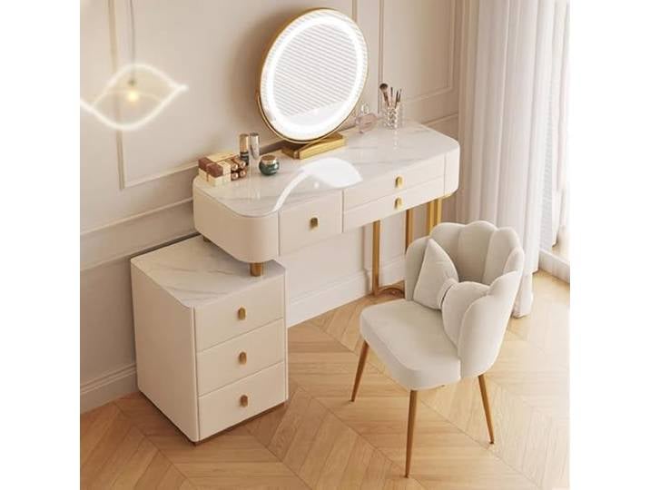MiaJJooLi Möbel Schminktisch mit Schubladenkommode und Stuhl, Frisiertisch-Set für Make-up und Schmuck, Kosmetiktisch mit Verstellbarem Sideboard, Aufbewahrungssystem Schlafzimmer