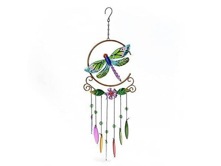 Windspiel Libelle Metall handgefertigt goldfarben 4 Röhren, Mehrfarbig, 20x20x56 cm, Dekoration, Gartendeko