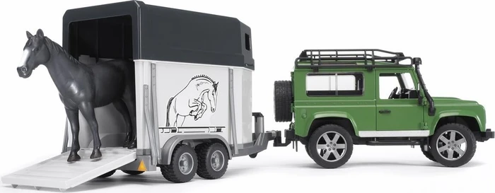 Bruder Land Rover Defender mit Pferdeanhänger (mit einem Pferd)